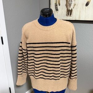 Striped Beige and Black Women's Crewneck Sweater